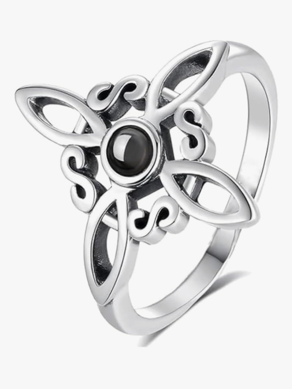 Silver Celtic Flower Ring with Obsidian Stone